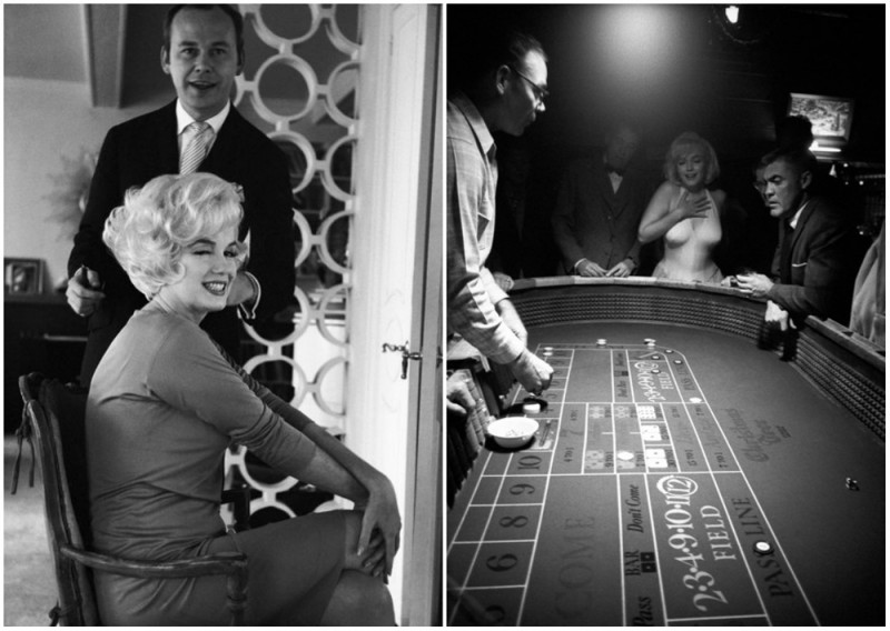 Мэрилин и ее парикмахер (слева). Реакция Монро на выигрыш в казино (справа). история, мэрилин монро, редкие кадры