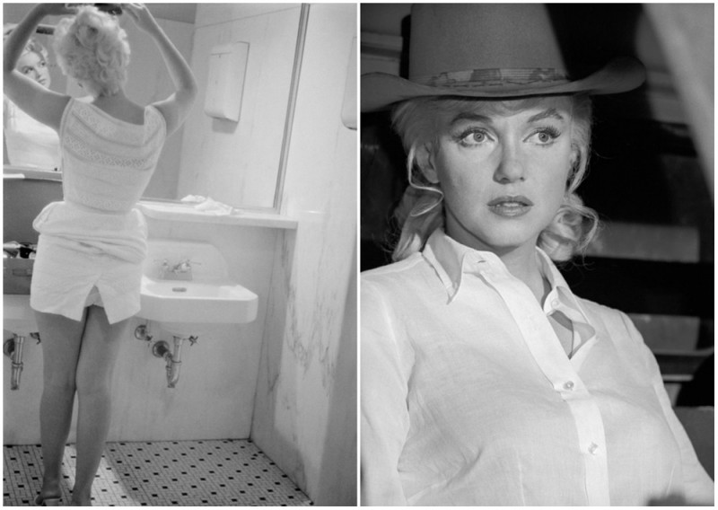 Слева актриса в ванной аэропорта Чикаго; справа на съемках фильма