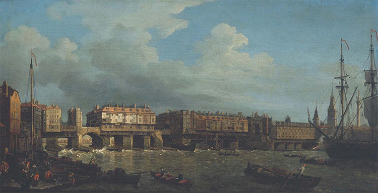 12. Сэмюэл Скотт. Вид Лондонского моста до перестройки. 1758 год и сегодня живопись, интересное, художники