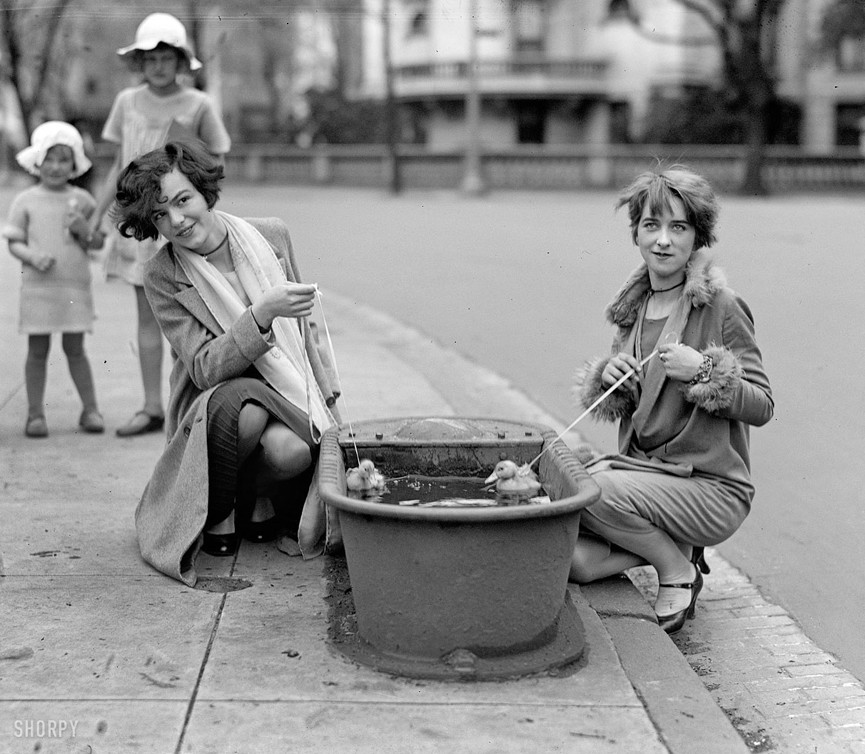 1. Девушки выгуливают утят в поилке. Вашингтон, 1927 год. история, кадр, фото