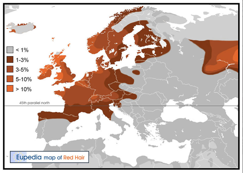 18. Карта распространенности рыжеволосых европа, мир