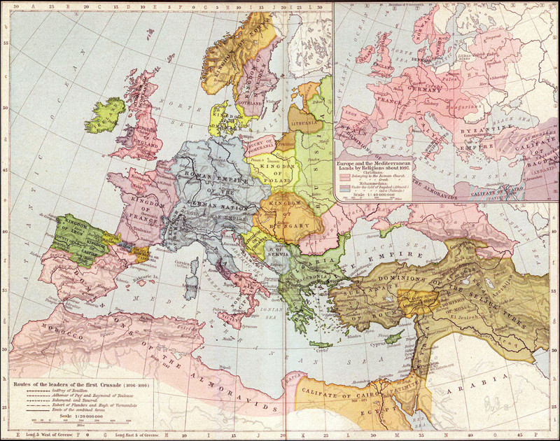 10. Карта Европы 1097 года во время первых крестовых походов. европа, мир