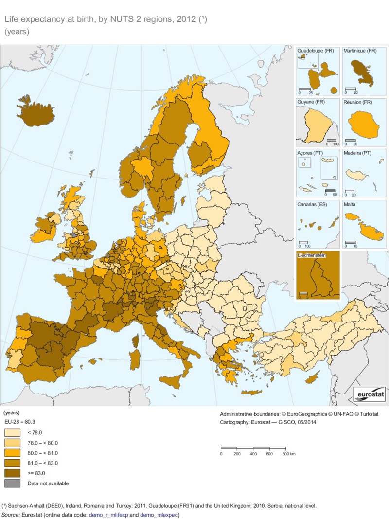 23. Карта средней продолжительности жизни в Европе европа, мир