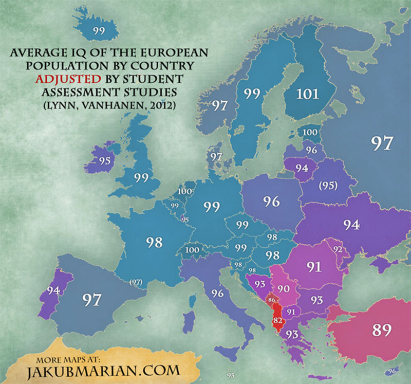 22. Среднестатистический IQ населения европейских стран европа, мир