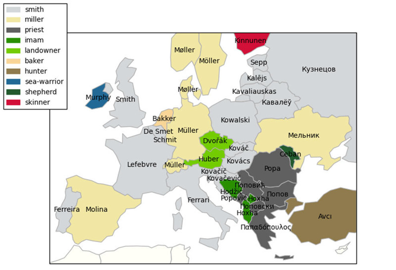 4. Карта самых распространенных "профессиональных" фамилий европа, мир