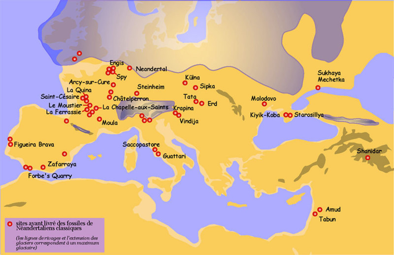 7. Места находок ископаемых типичных неандертальцев (карта Ледникового периода) европа, мир