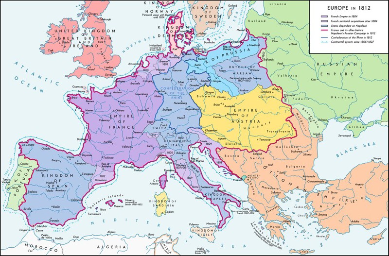 12. Карта Европы в 1812 году, в разгар наполеоновских войн европа, мир