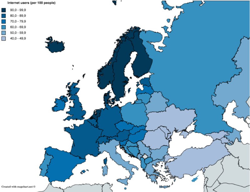 1. Карта числа пользователей Интернета европа, мир