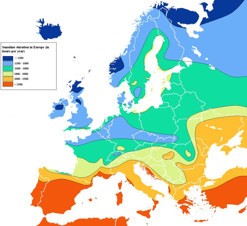 14. Карта среднегодового количества солнечных часов в странах Европы европа, мир