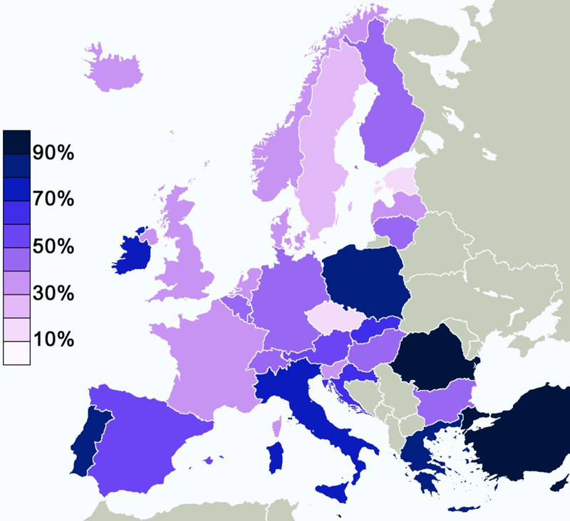 28. Процент европейцев, верящих в Бога европа, мир