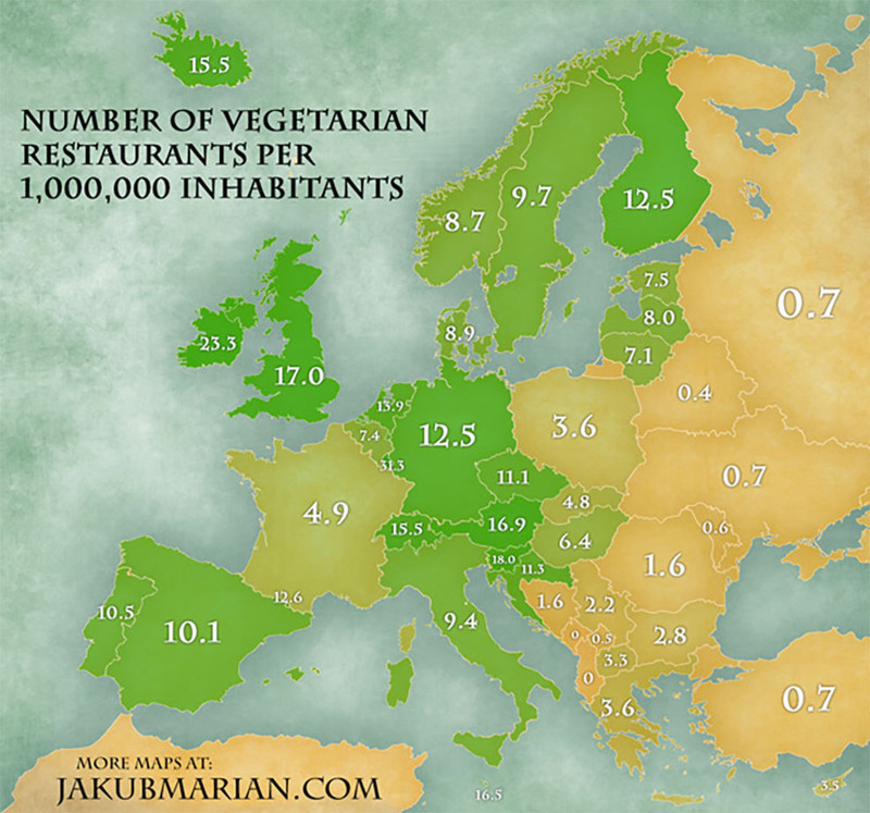 26. Количество вегетарианских ресторанов на 1000000 жителей европа, мир