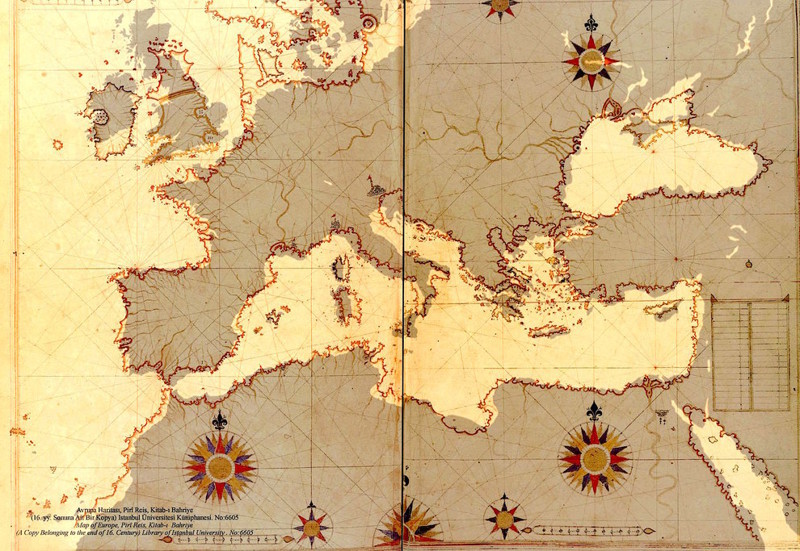 11. Османская карта Европы, составленная знаменитым мореплавателем и картографом адмиралом Пири Реисом в начале 16-го века. европа, мир