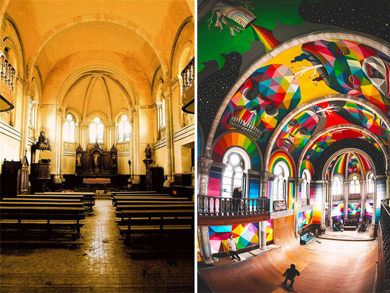 До и после граффити, испания, скейт-парк, церковь