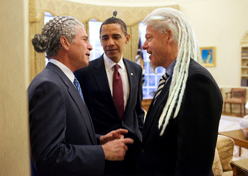 Барак Обама, действующий 44-й президент США, Джордж Буш-младший, 43-й президент США, и Билл Клинтон, 42-й президент США политик, прическа, пучок