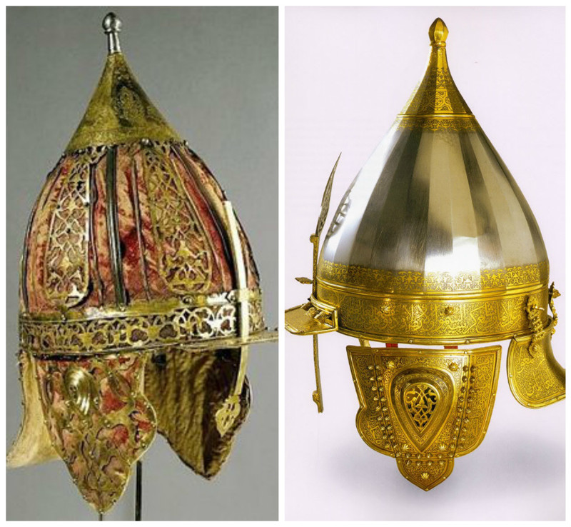  Османский шлемы, тип Чичак шлем, конец 17-го века из стали, меди, кожи, бархата и шелка и Османский шлем 1560 года военные, искусство, маски, рыцари, шлемы
