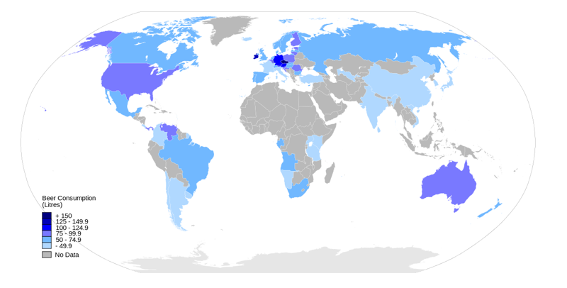 16. Ежегодное потребление литров пива на душу населения по странам география, карта, карты