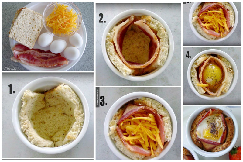 И в кружке - хлеб, ветчина (бекон), яйцо, сыр Просто, вкусно, еда, завтраки