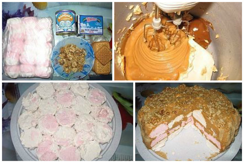 Торт с зефиром (принцип тот же, что и предыдущие, но вместо печенек -зефирки) без выпечки, вкусно, интересно, рецепты, сладости