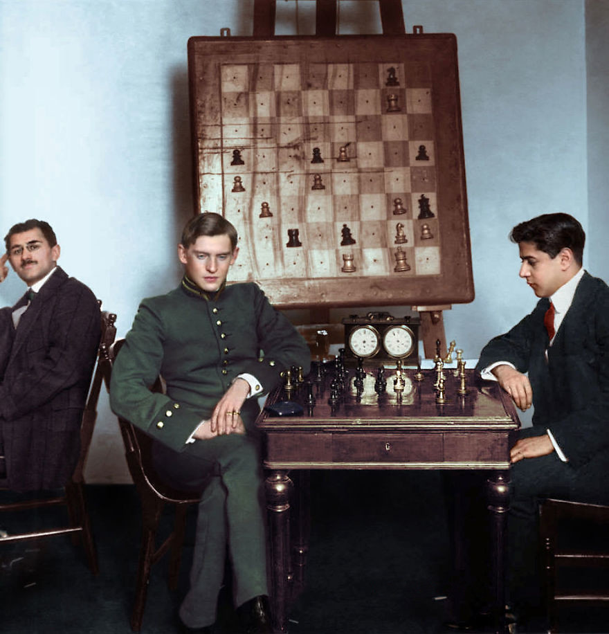 Хосе Рауль Капабланка против Александра Алехина, 1913. история., колоризированные снимки, люди, россия, фото