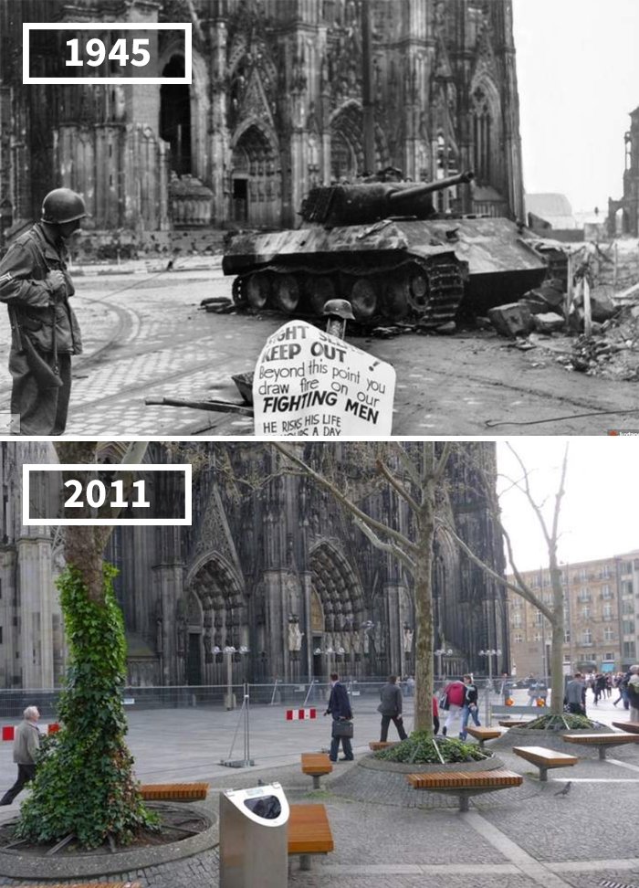 Кельнский собор, Германия, 1945 - 2011 История в фотографиях, бег времени, города, до и после, изменения в мире, фото, фотопроект, фотосвидетельства