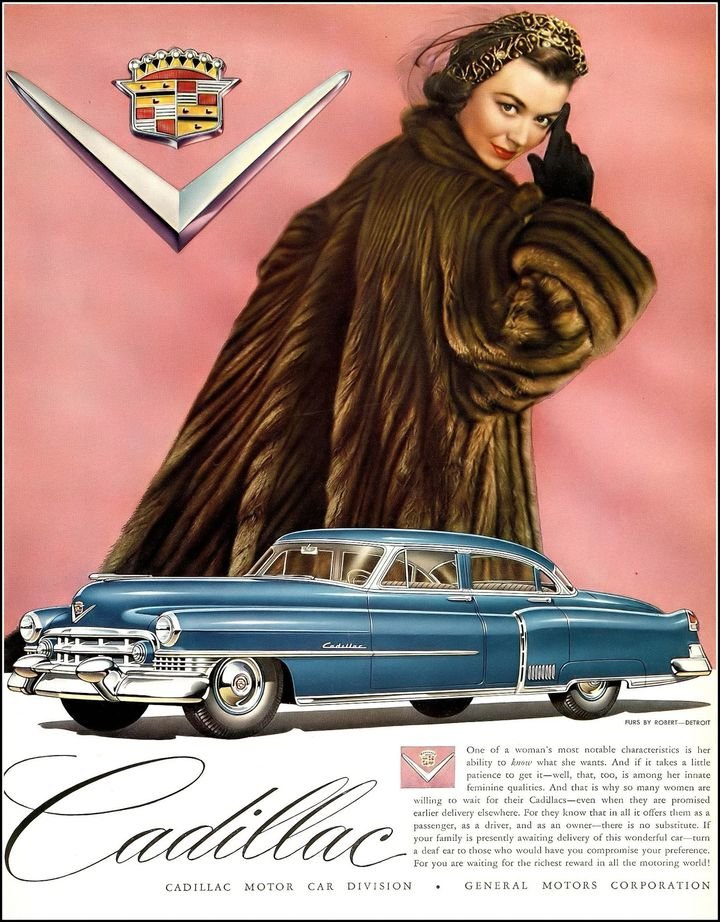Женщины в мехах на рекламных постерах Cadillac начала 50-х годов cadillac, авто, автомир, автомобили, винтаж, журнал, реклама, ретро