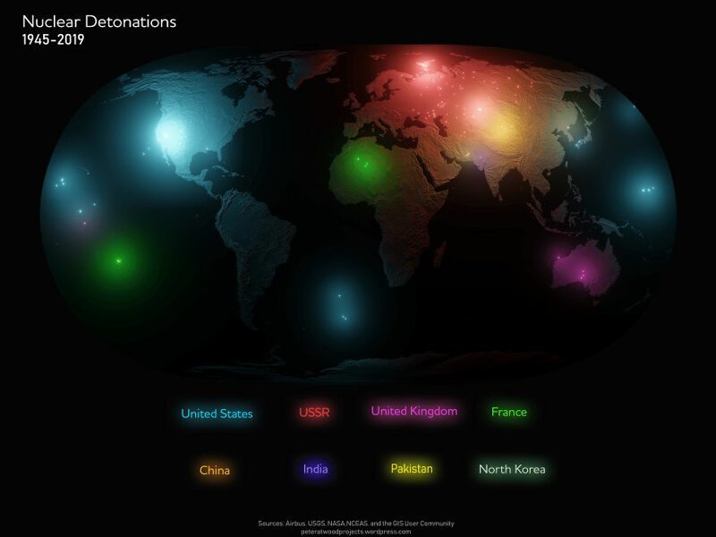 Общая карта ядерных взрывов, прогремевших за всю историю