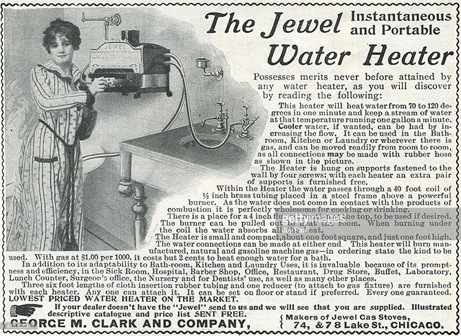 Реклама портативного моментального обогревателя для воды George M Clarck, Чикаго, Иллинойс, 1901.