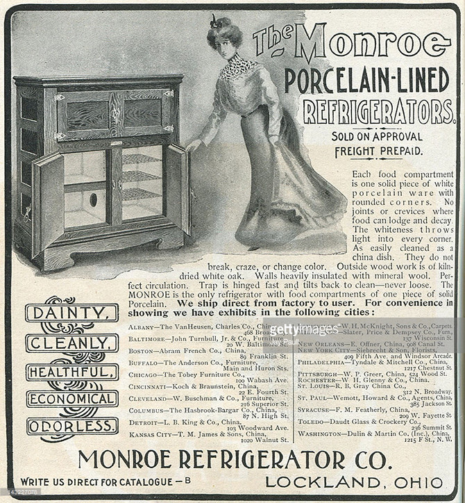 Реклама холодильных шкафов Monroe, 1901.