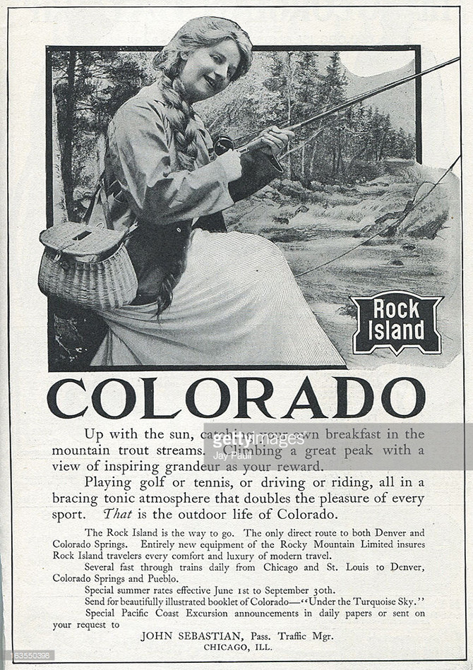 В рекламе железной дороги Rock Island изображена женщина, которая ловит рыбу в Колорадо, 1907.