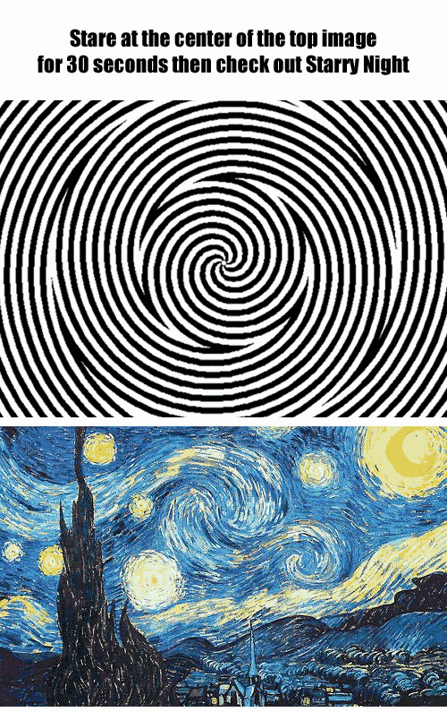 14. Просто смотрите 30 секунд в центр спирали, а потом резко переведите взгляд на картину Ван Гога ниже