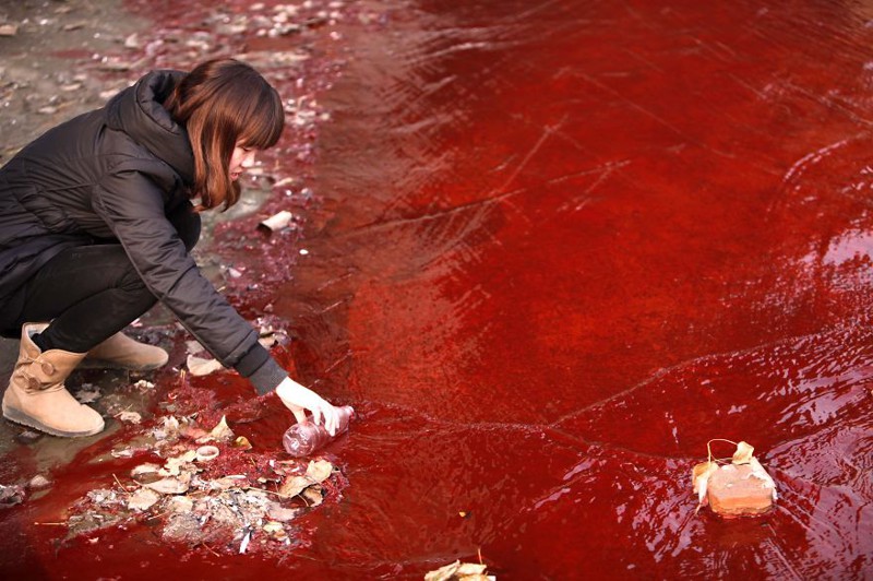 6. Журналист делает забор красной загрязнённой воды из реки Хуанхэ