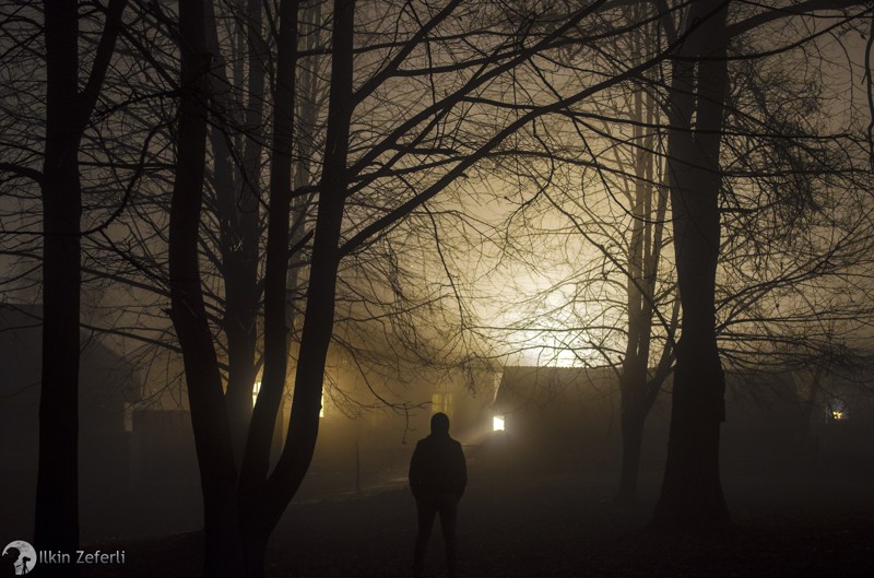 Мистическая ночь в селе во время тумана