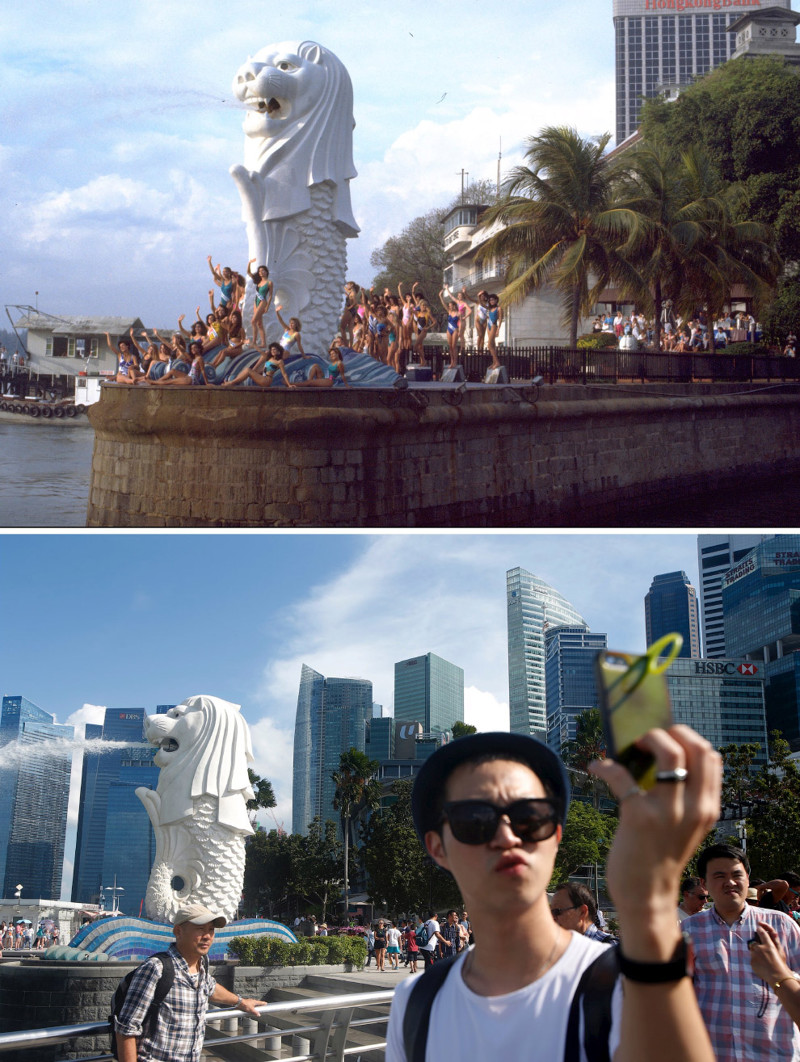  Мерлайон — символ Сингапура, мифическое существо с телом рыбы и головой льва. 1987 год и 29 июля 2015.