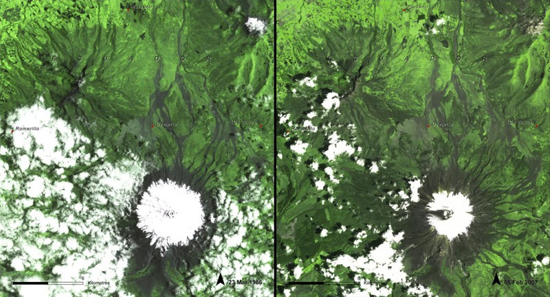 6. Таяние льда на вулкане Котопа́хи (Эквадор). Фото 1987 и 2007 года