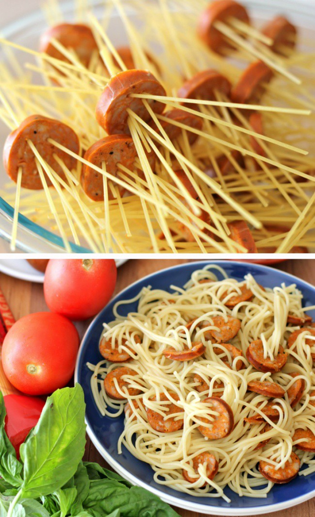 37. Проткните сосиски спагетти и сварите