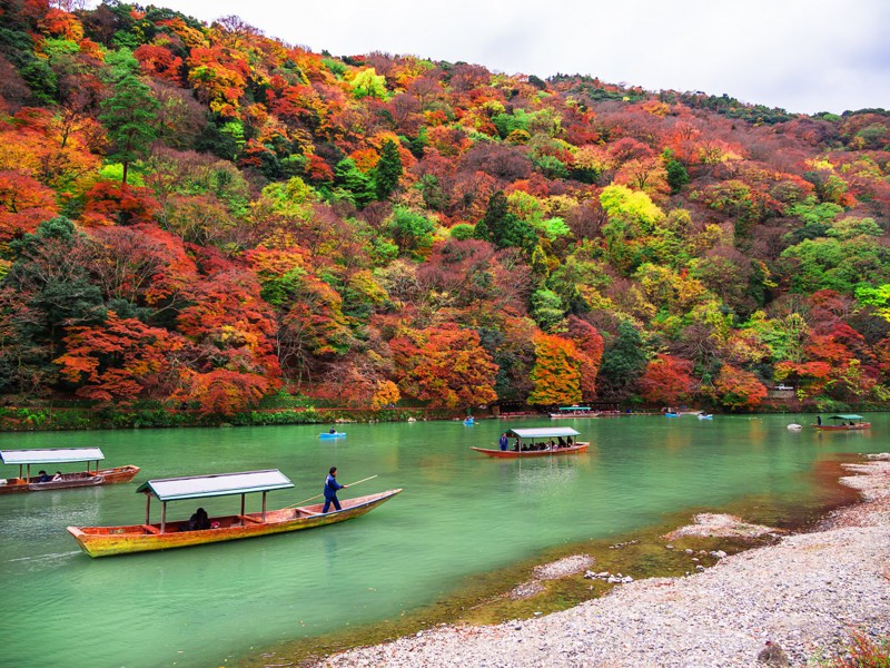 Чтобы взглянуть на осеннюю листву поближе, возьмите лодку и отправьтесь вниз по течению к Арасияме