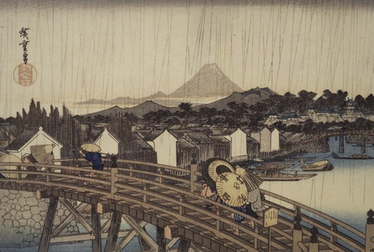 6. Утагава Хиросиге. Вечерний ливень на мосту Нихонбаси. 1832 год и сегодня