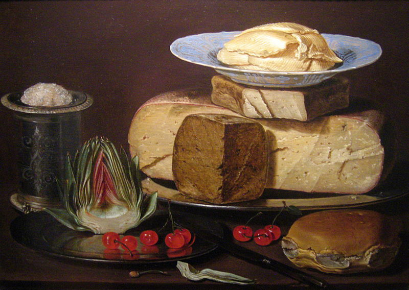 Завтрак с хлебом сыром и вишнями