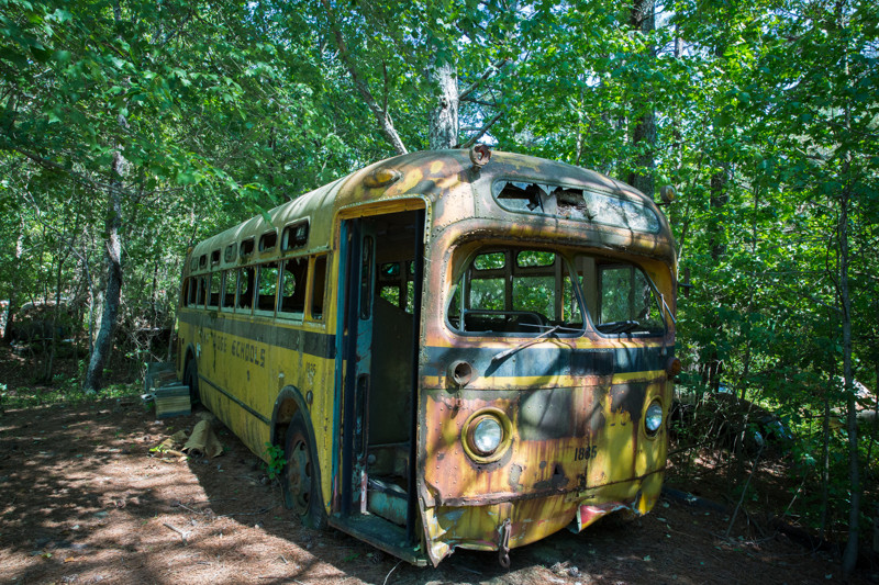 В музее присутствует большое количество школьных автобусов