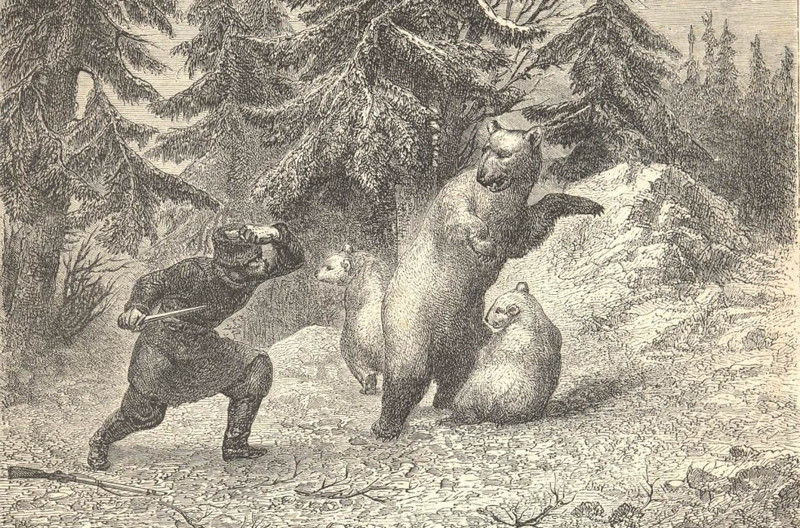 Схватка охотника с медведями, 1862 год