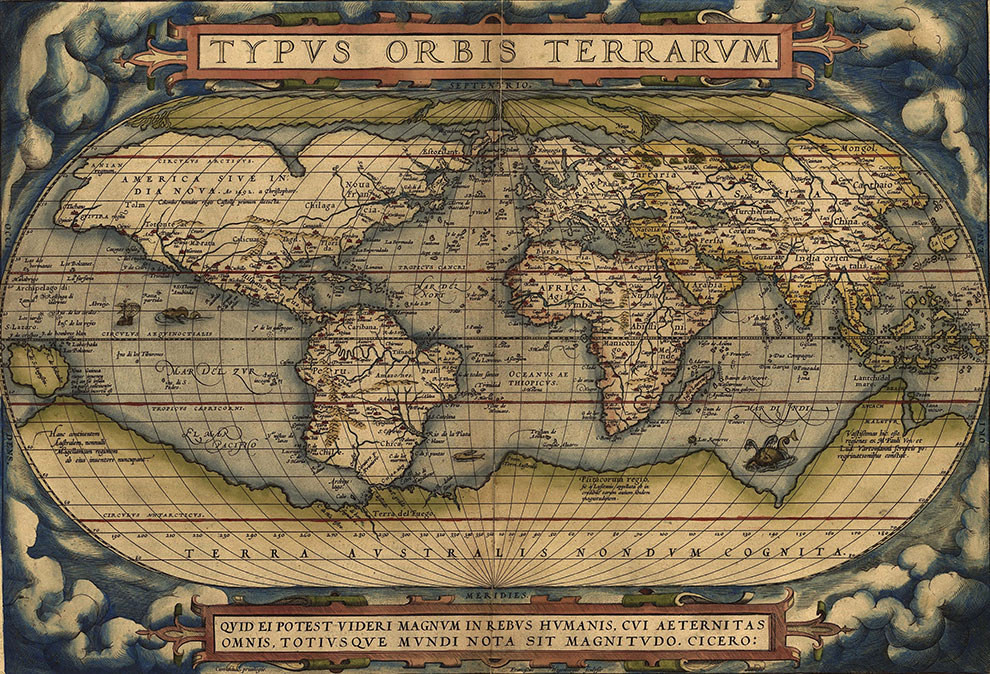 15. Карта мира, созданная Абрахамом Ортелием, автором первого в истории географического атласа современного типа, в 1564 году