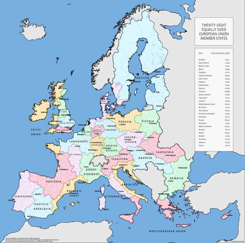 21. Как бы выглядела Европа, если бы была разделена на территории с равным населением
