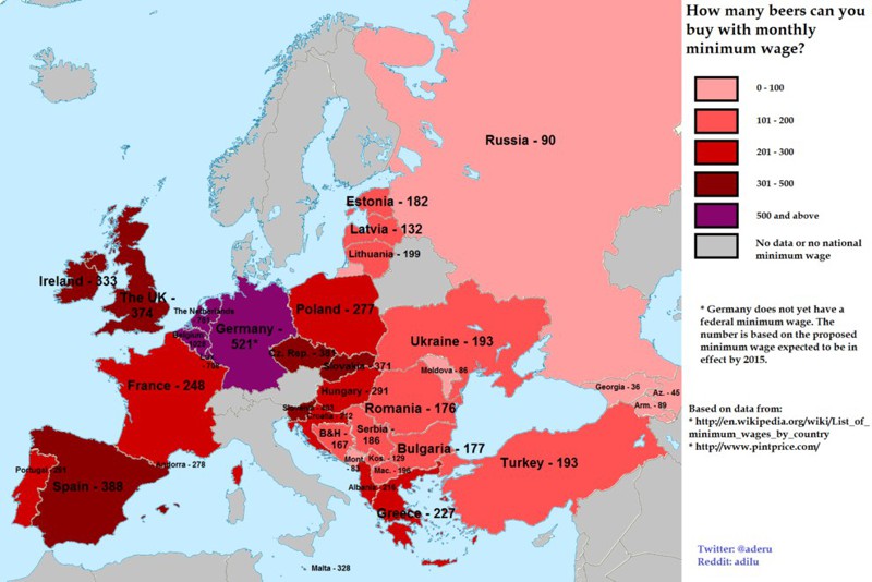 25.  Сколько пива можно приобрести на минимальную месячную зарплату в разных странах Европы