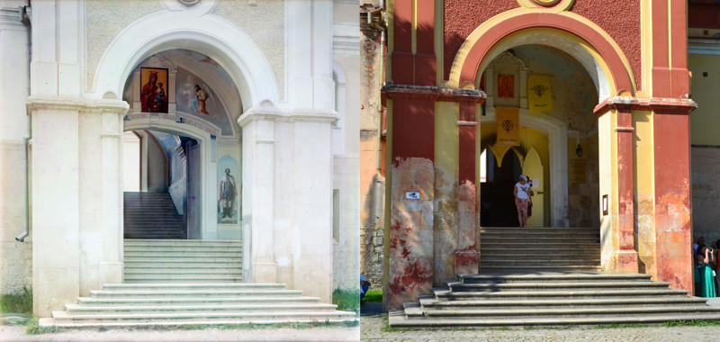Вход в главный храм Ново-Афонского монастыря. Фотографии были сделаны в 1904 и в 2015 годах.