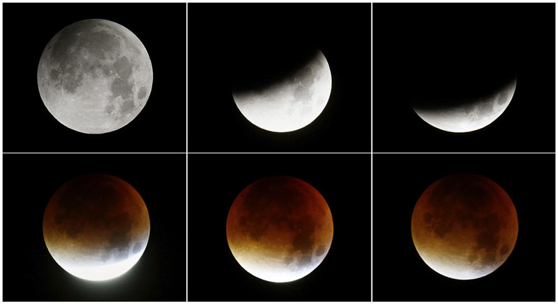 Шесть фотографий луны, уходящей за земную тень. Франкфурт
