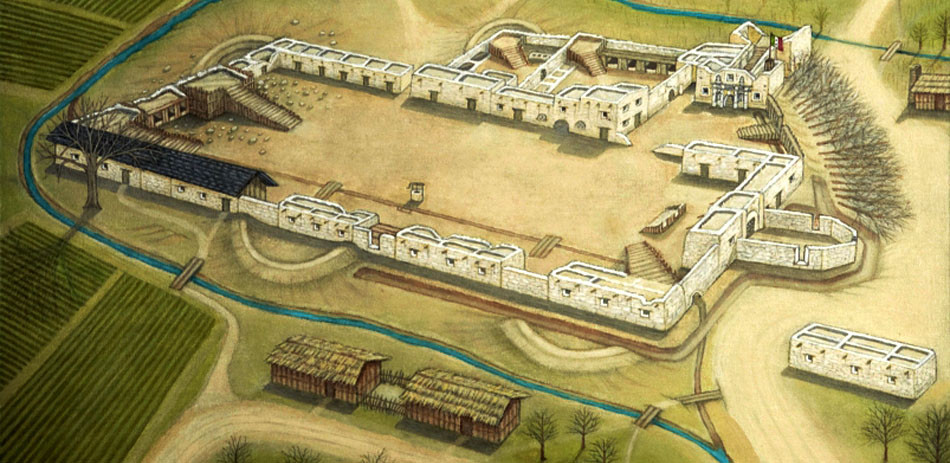 Современная реконструкция форта Аламо в том виде, как он выглядел на момент...
