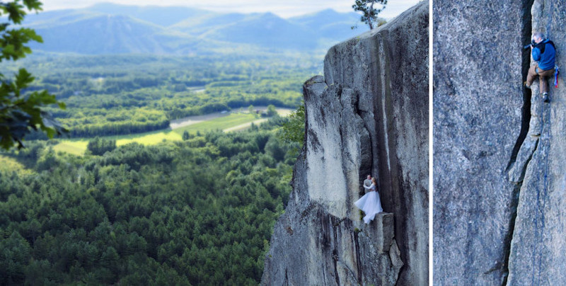 Экстремальная свадебная фотосессия на небольшом уступе скалы на высоте 100 метров