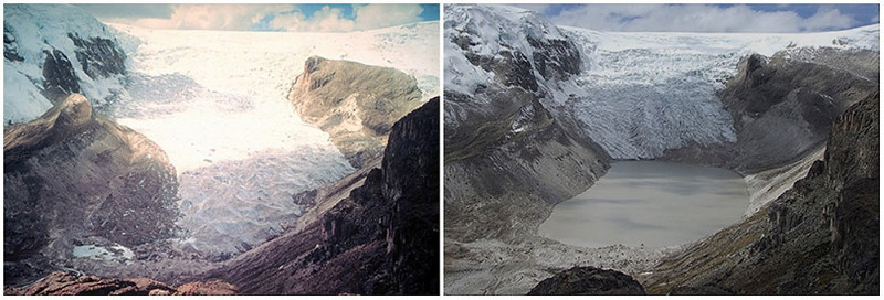 Ледник Кори Калис, Перу. Июль 1978 г. — июль 2011 г.