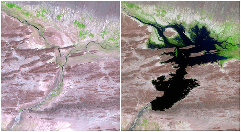 Река Дашт, Пакистан. Построенная плотина Мирани снабжает близлежащие районы питьевой водой и энергией. Кроме того, она поддерживает местную агрокультуру. Август 1999 г. — июнь 2011 г.