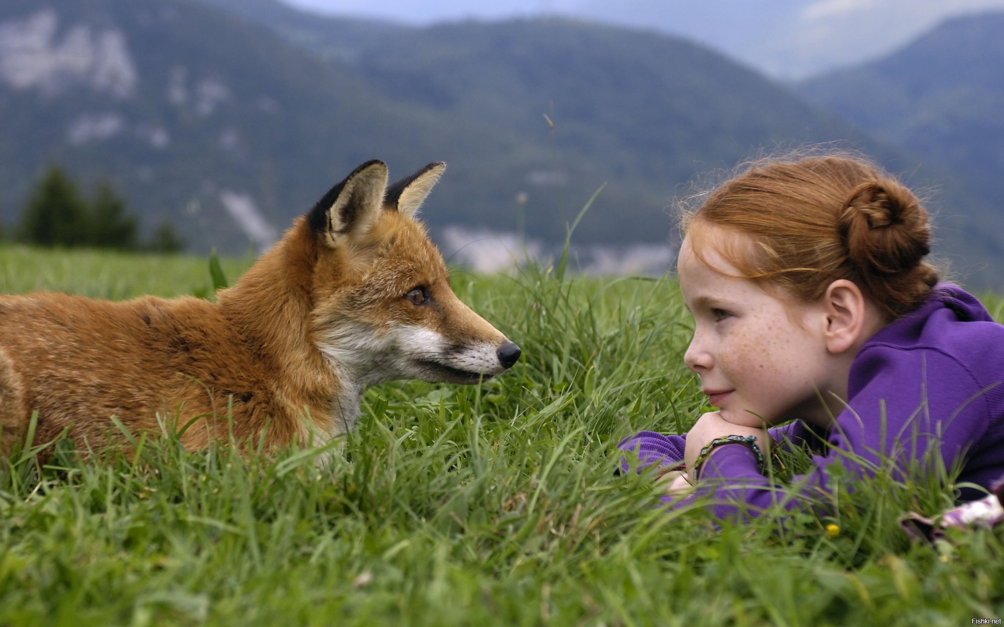 Общение в мире животных. Девочка и Лисенок. Девочка в лесу. Природа с животными.